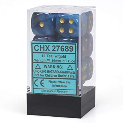 Picture of the Dice: 12 Teal w/gold Phantom 16mm D6 Dice Block (12) - CHX27689