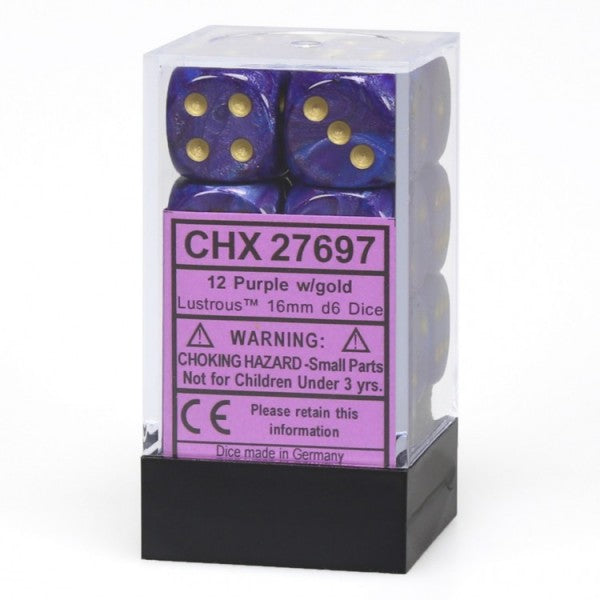 Picture of the Dice: 12 Purple w/gold Lustrous 16mm D6 Dice Block (12) - CHX27697