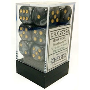 Picture of the Dice: 12 Black w/gold Lustrous 16mm D6 Dice Block (12) - CHX27698