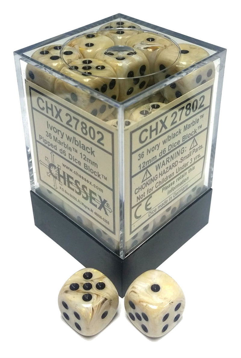 Picture of the Dice: 36 Ivory w/black Marble 12mm D6 Dice Block (12) - CHX27802