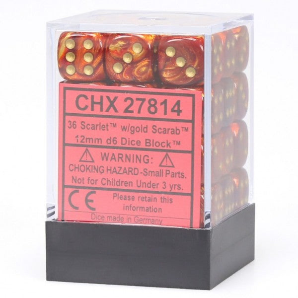 Picture of the Dice: 36 Scarlet w/gold Scarab 12mm D6 Dice Block (12) - CHX27814