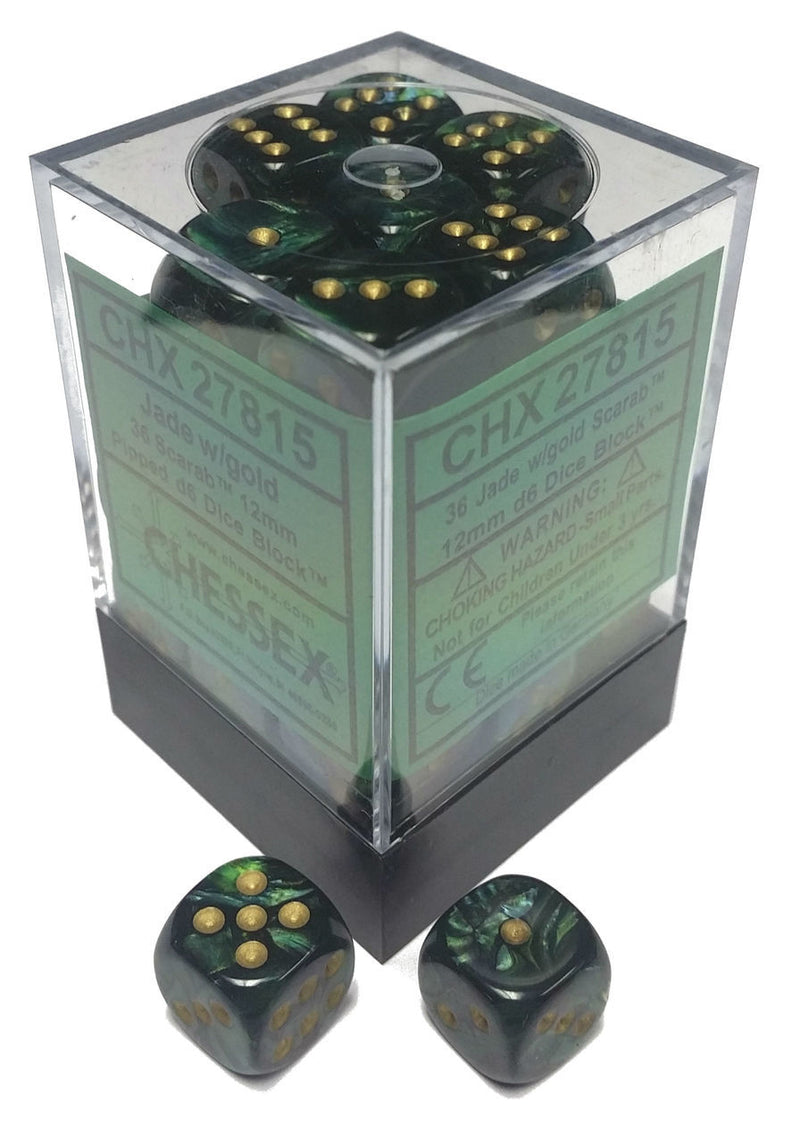 Picture of the Dice: 36 Jade w/gold Scarab 12mm D6 Dice Block (12) - CHX27815