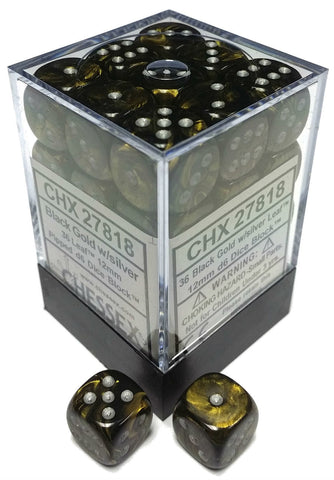 Picture of the Dice: 36 Black Gold w/silver Leaf 12mm D6 Dice Block (12) - CHX27818