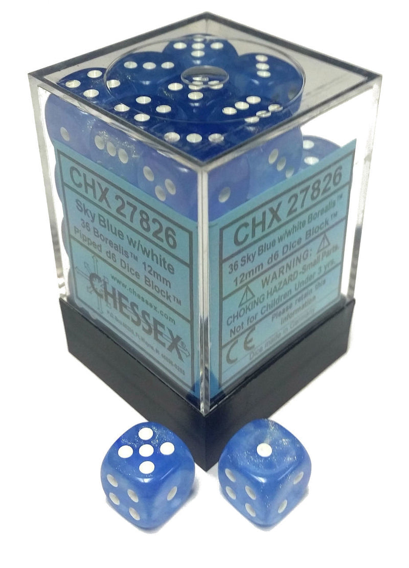 Picture of the Dice: 36 Sky Blue / White Borealis 12mm D6 Dice Block (12) - CHX27826