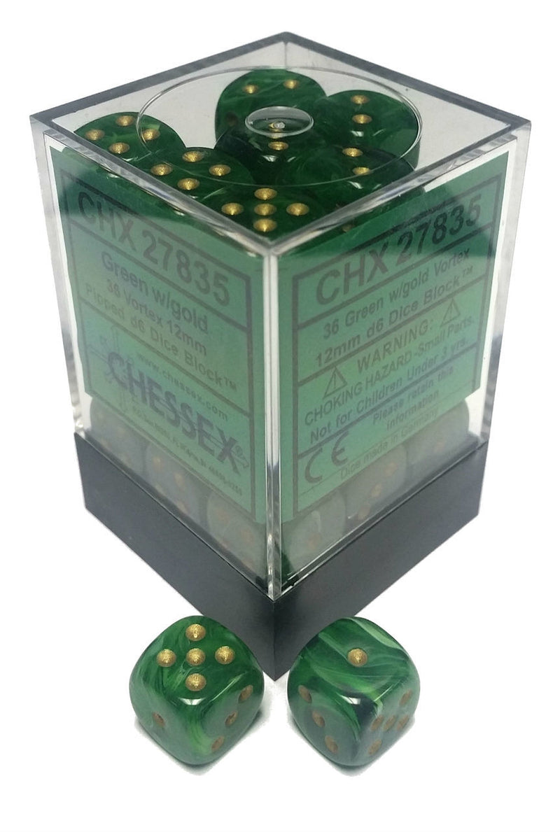 Picture of the Dice: 36 Green w/gold Vortex 12mm D6 Dice Block (12) - CHX27835