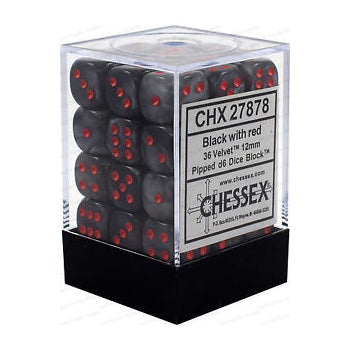 Picture of the Dice: 36 Black w/red Velvet 12mm D6 Dice Block (12) - CHX27878