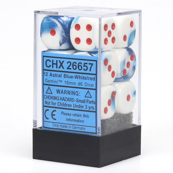 Picture of the Dice: 12 Astral Blue-White/red Gemini 16mm d6 Dice Block (12) - CHX26657