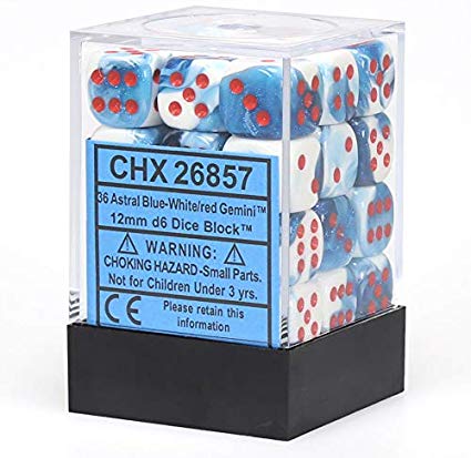 Picture of the Dice: 36 Gemini Astral Blue-White/red 12mm d6 Dice Block (12) - CHX26857