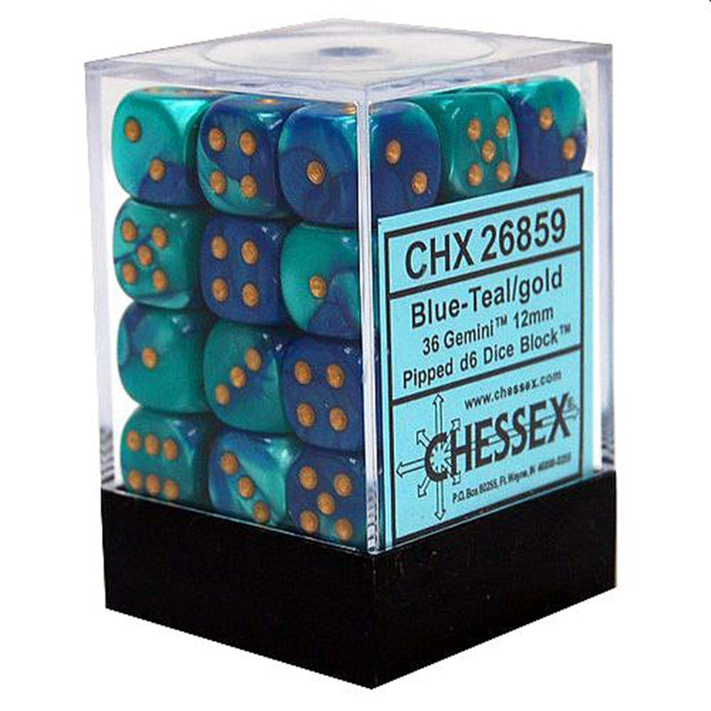 Picture of the Dice: 36 Gemini Blue-Teal/gold 12mm d6 Dice Block (12) - CHX26859