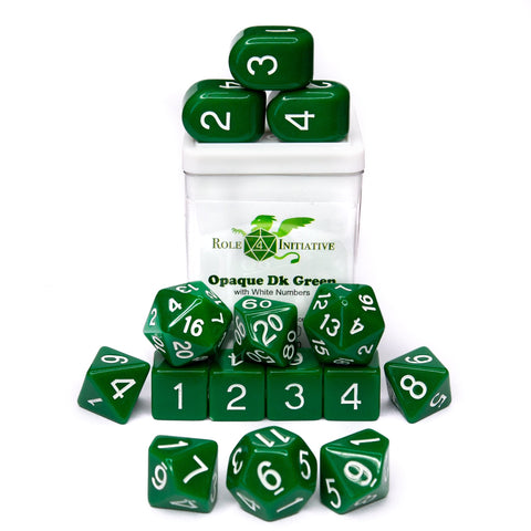 Dice Set (15) - Opaque Dark Green w/ White - arch'd4