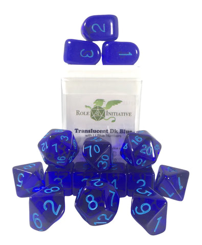 Dice Set (15) - Translucent Dark Blue w/ blue letters - arch'd4
