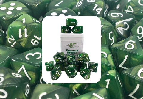 Dice Set (15) - Marble Emerald Dragon w/ White