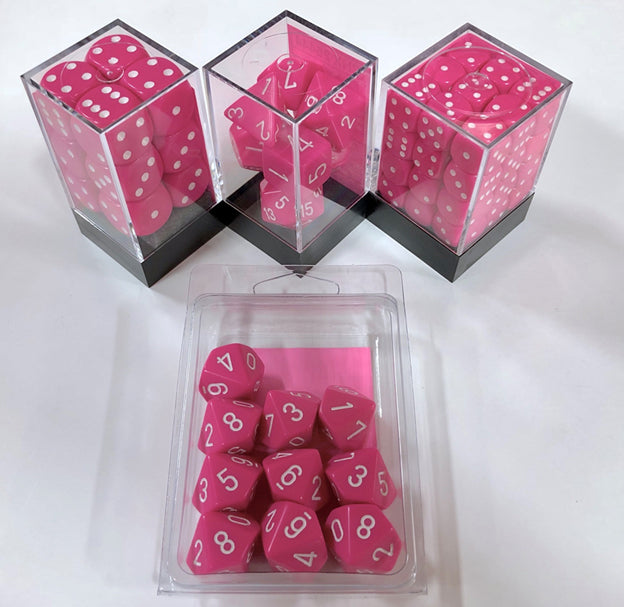 Picture of the Dice: 7CT OPAQUE POLY LIGHT PINK/WHITE DICE SET