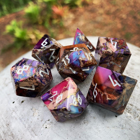 Gemstone Dice 7 Piece Set WS - Bronze Purple Imperial Jasper Trustone