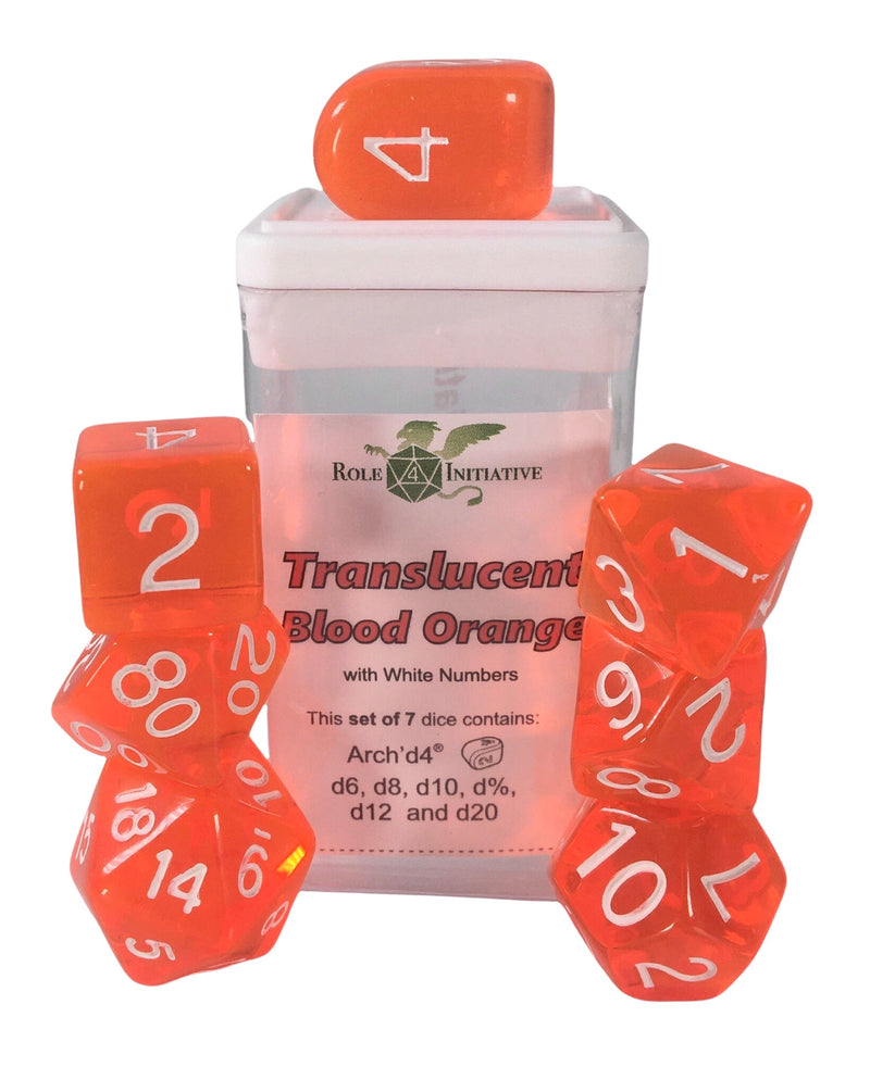 Dice Set (7) - Translucent Blood Orange w/ White - arch'd4