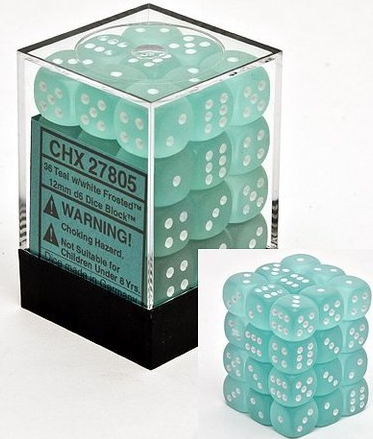 12mm D6 Dice Block (36) - Frosted Teal w/ White (CHX27805)