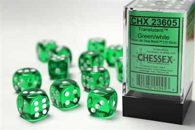 16mm D6 Dice Block (12) - Translucent Green/White (CHX23605)