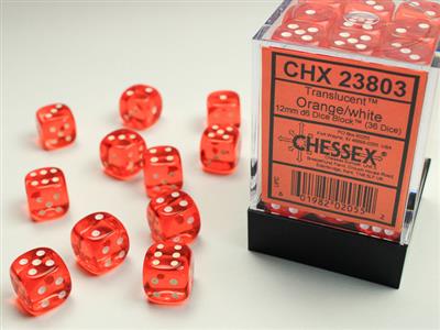 12mm D6 Dice Block (36) - Translucent Orange/White (CHX23803)