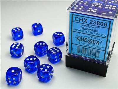 12mm D6 Dice Block (36) - Translucent Blue/White