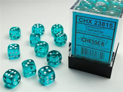 12mm D6 Dice Block (36) - Translucent Teal/White