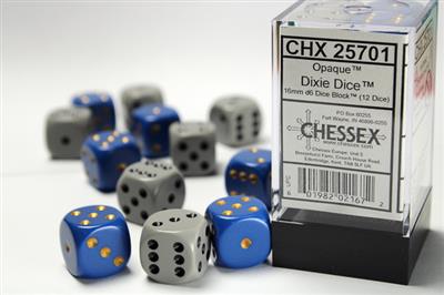 16mm D6 Dice Block (12) - Opaque Dixie Dice Blue/Yellow and Dark Grey/Black (CHX25701)