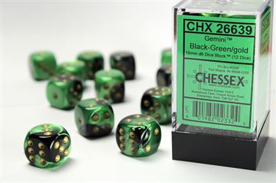 16mm D6 Dice Block (12) - Gemini Black-Green/Gold