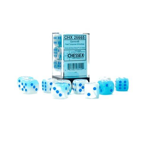 16mm D6 Dice Block (12) - Gemini Luminary Pearl Turquoise-White/Blue