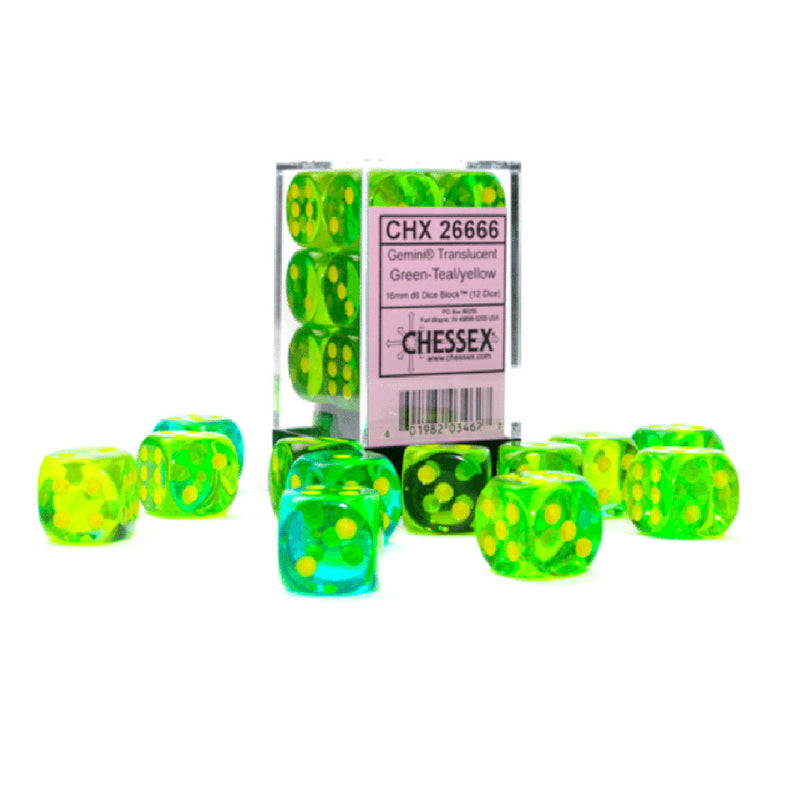 16mm D6 Dice Block (12) - Gemini Translucent Green-Teal/Yellow (CHX26666)