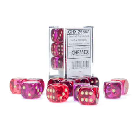 16mm D6 Dice Block (12) - Gemini Translucent Red-Violet/Gold