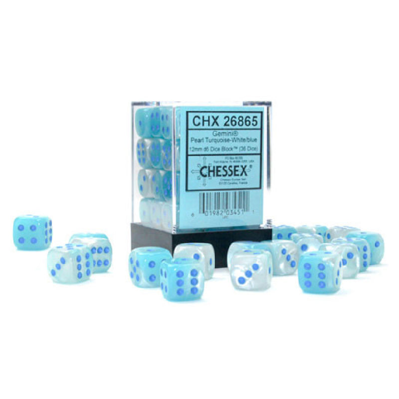 12mm D6 Dice Block (36) - Gemini Luminary Turquoise-White/Blue (CHX26865)