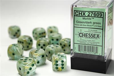 16mm D6 Dice Block (12) - Marble Green/Dark Green (CHX27609)