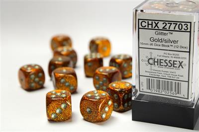 16mm D6 Dice Block (12) - Glitter Gold/Silver (CHX27703)