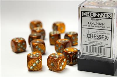 16mm D6 Dice Block (12) - Glitter Gold/Silver