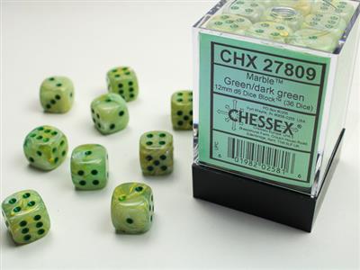 12mm D6 Dice Block (36) - Marble Green/Dark Green (CHX27809)