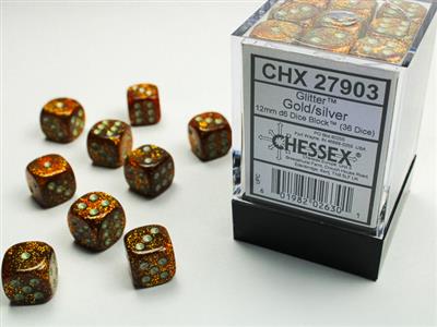 12mm D6 Dice Block (36) - Glitter Gold/Silver