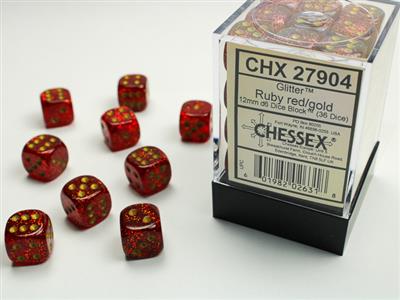 12mm D6 Dice Block (36) - Glitter Ruby/Gold