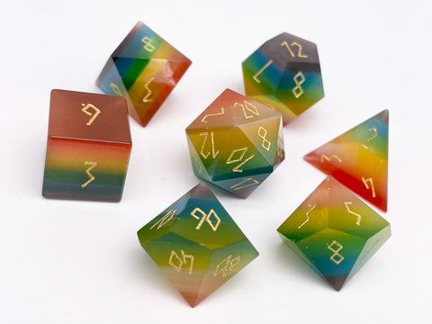 Gemstone Dice 7 Piece Set - Rainbow Cats Eye