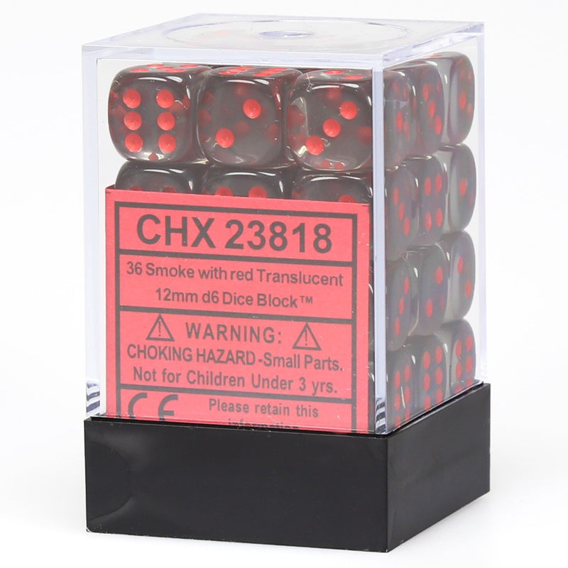 12mm D6 Dice Block (36) - Translucent Smoke w/ Red (CHX23818)