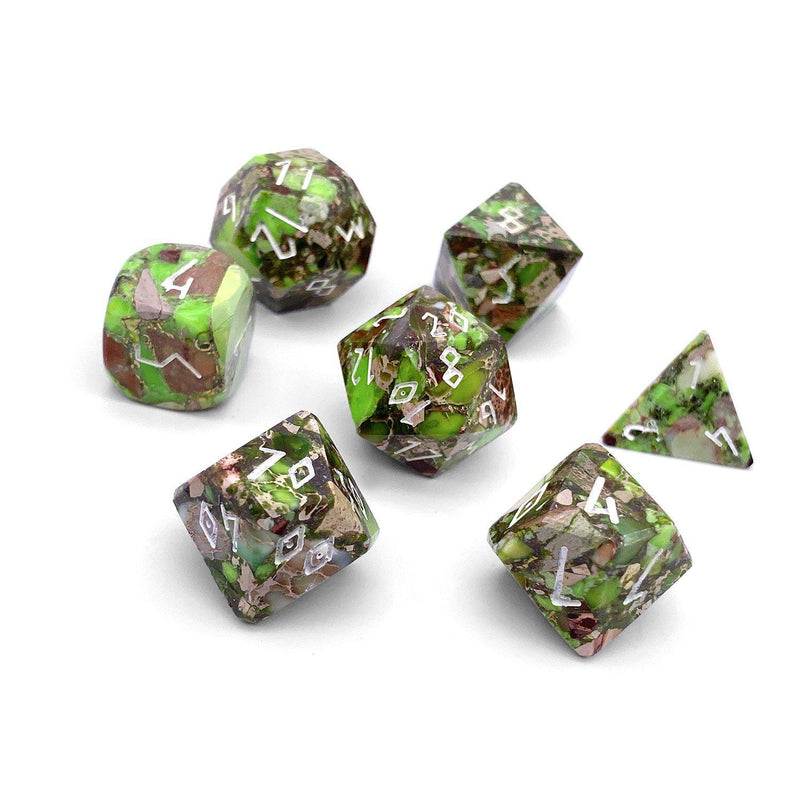 Gemstone Dice 7 Piece Set WS - Copper Lime Green Imperial Jasper