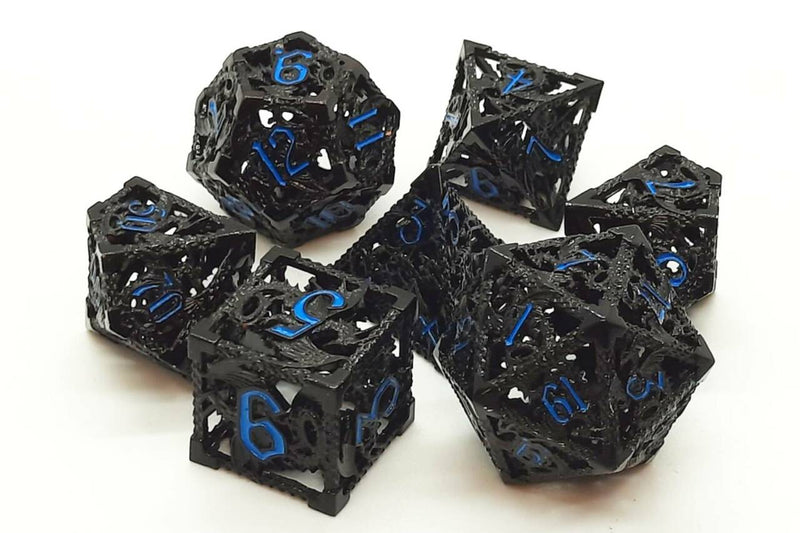 16mm Polyhedral Set (7-Piece): Hollow Dice - Black w/ Light Blue (OSDMTL-85)