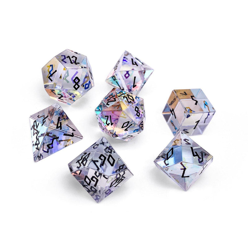 Gemstone Dice 7 Piece Set - Rainbow Glass with Black Font