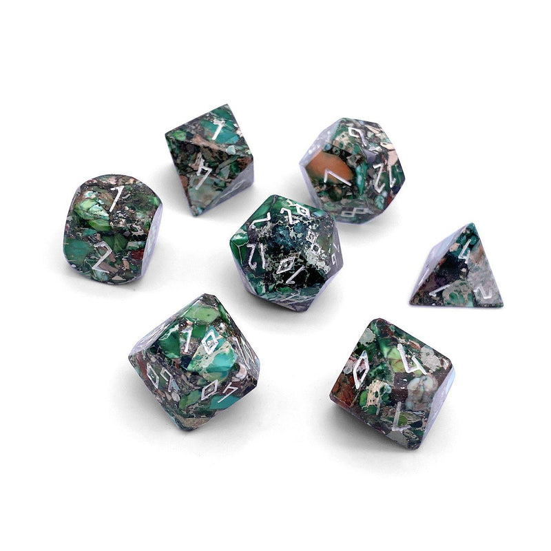 Gemstone Dice 7 Piece Set WS - Pyrite Green Imperial Jasper