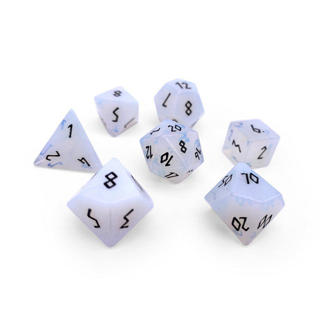 Gemstone Dice 7 Piece Set WS - Opalite Black Norse Font