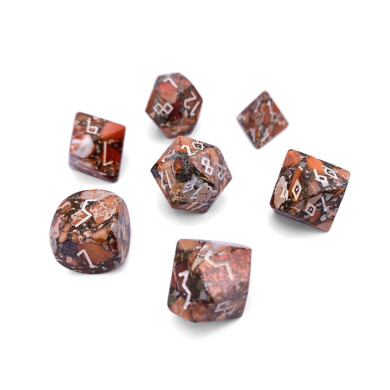 Gemstone Dice 7 Piece Set WS - Bronzite Orange Imperial Jasper