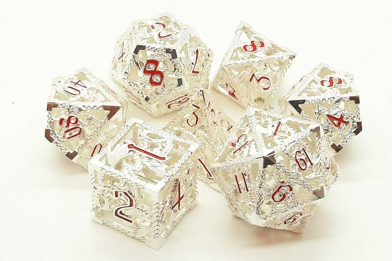 16mm Polyhedral Set (7-Piece): Hollow Dice - Silver w/ Red (OSDMTL-86)