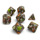 Gemstone Dice 7 Piece Set - Olivine Orange Imperial Jasper with Brass