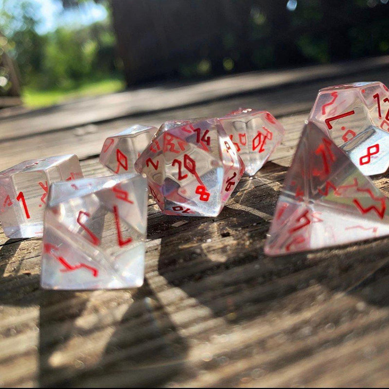Gemstone Dice 7 Piece Set WS - Clear Crystal with Red