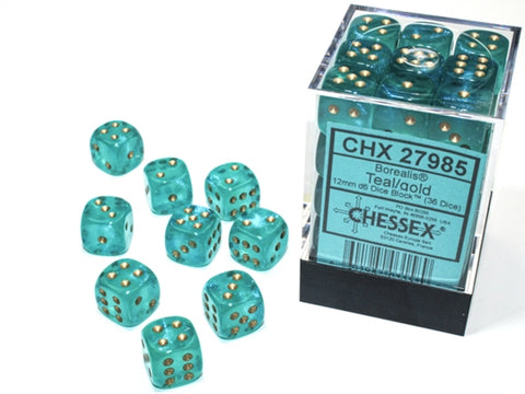 12mm D6 Dice Block (36) - Borealis Teal/Gold